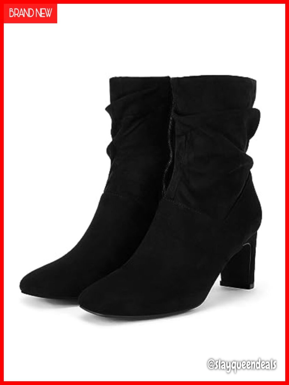Women's Suede Mid Calf Slouch Boots Square Toe Chunky Heel Zip Up